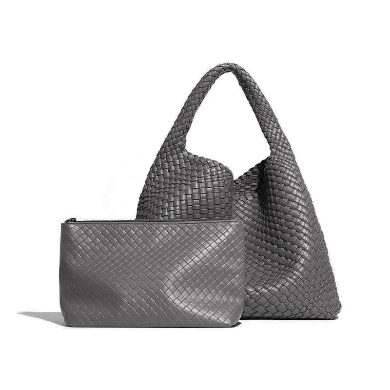2024 Women Bag Luxury PU Leather Handbag Lady Fashion Handmade Knitting Tote Female Hand-woven Basket Shoulder Bag with Purse