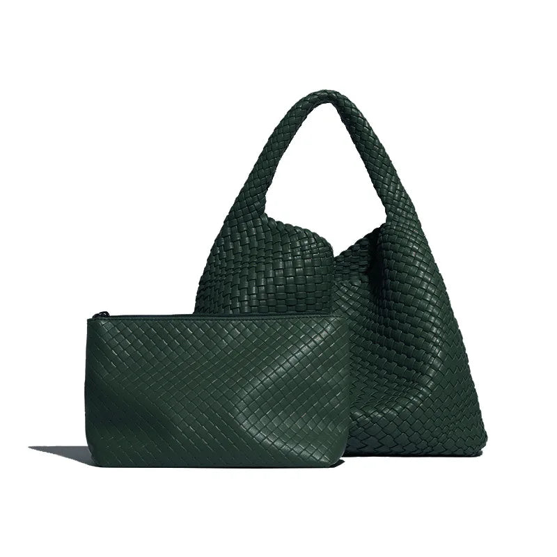 2024 Women Bag Luxury PU Leather Handbag Lady Fashion Handmade Knitting Tote Female Hand-woven Basket Shoulder Bag with Purse