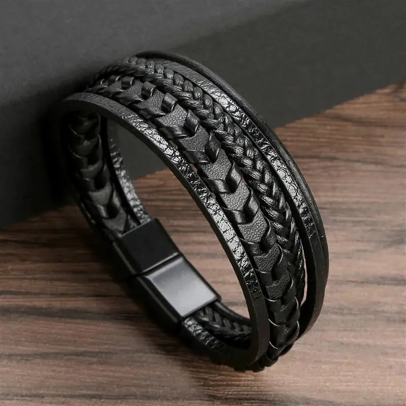 Classic Men's Leather Bracelet New Style Hand-woven Multi-layer CombinName: Alloy buckle leather bracelet
Material: leather, alloy
Process: frosted magnetic buckle
Color: Steel/Gold/Black
Size: 19/21/23
Packaging specification: 1 pieceClassic Men'