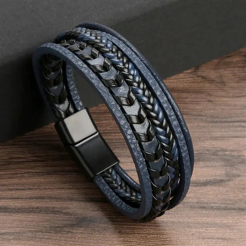 Classic Men's Leather Bracelet New Style Hand-woven Multi-layer CombinName: Alloy buckle leather bracelet
Material: leather, alloy
Process: frosted magnetic buckle
Color: Steel/Gold/Black
Size: 19/21/23
Packaging specification: 1 pieceClassic Men'