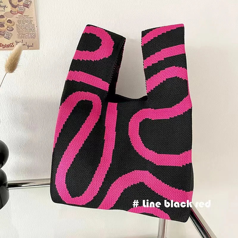 Women'S Knot Wrist Bag Handmade Knitted Bag Portable Mini Striped Tote Bucket Phone Bags Large Capacity Autumn Winter Handbags
