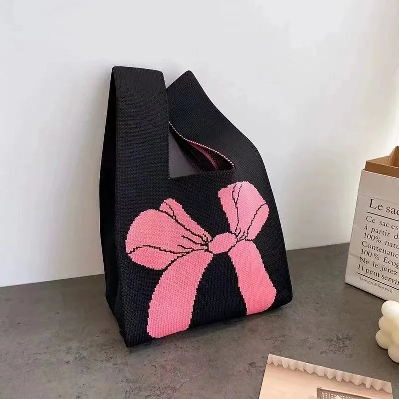 Women'S Knot Wrist Bag Handmade Knitted Bag Portable Mini Striped Tote Bucket Phone Bags Large Capacity Autumn Winter Handbags