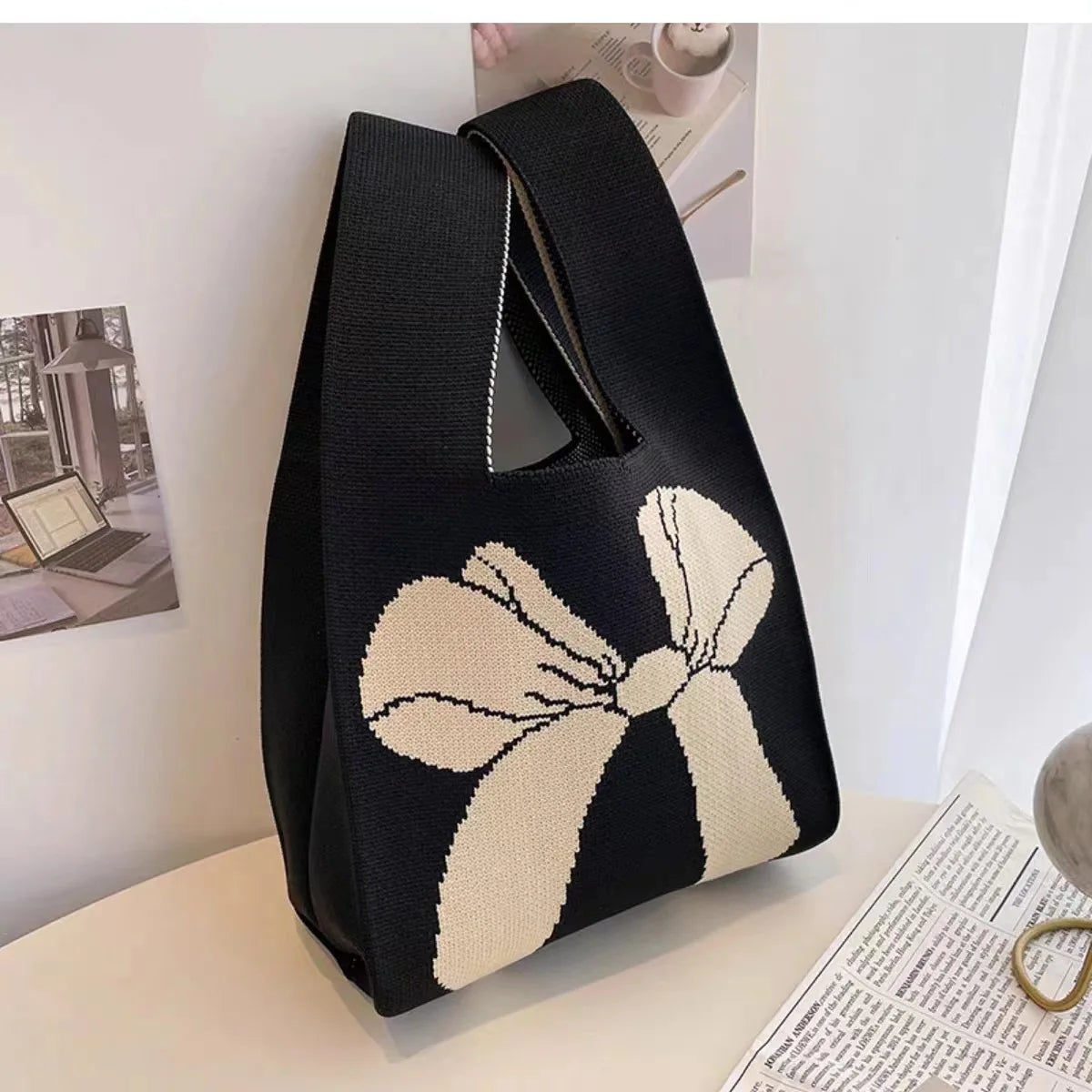 Women'S Knot Wrist Bag Handmade Knitted Bag Portable Mini Striped Tote Bucket Phone Bags Large Capacity Autumn Winter Handbags