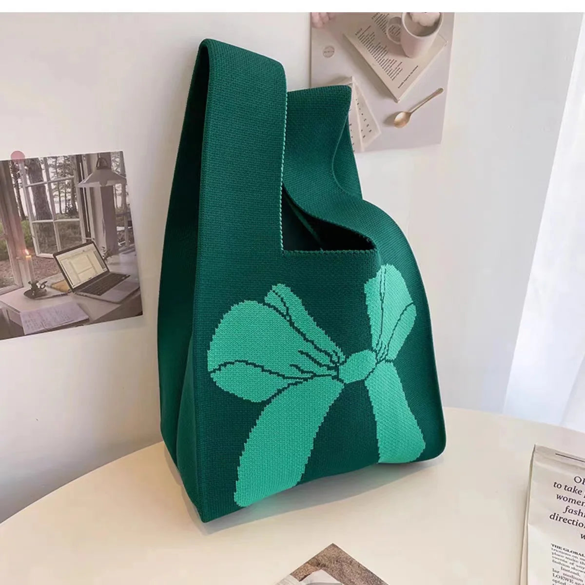 Women'S Knot Wrist Bag Handmade Knitted Bag Portable Mini Striped Tote Bucket Phone Bags Large Capacity Autumn Winter Handbags