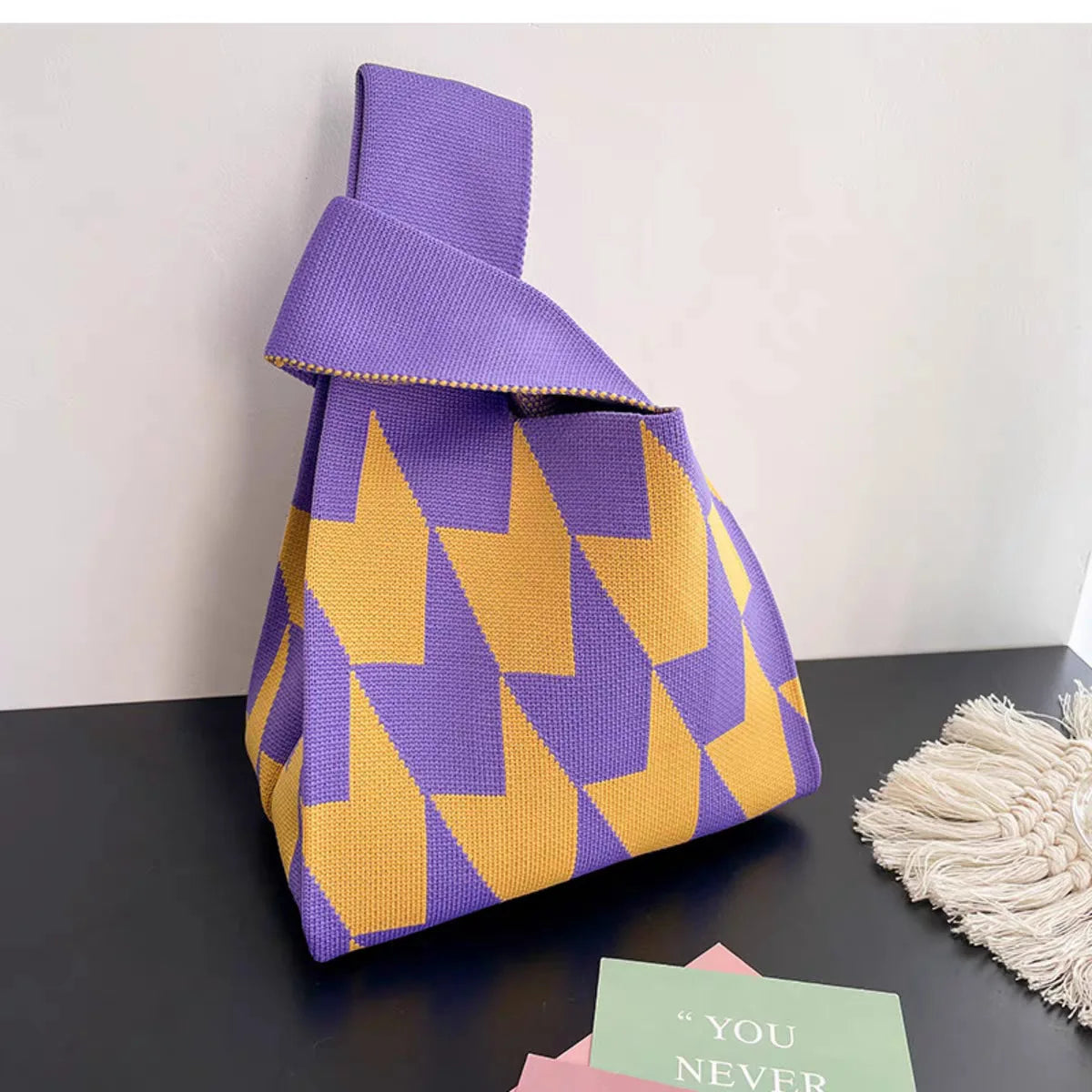 Women'S Knot Wrist Bag Handmade Knitted Bag Portable Mini Striped Tote Bucket Phone Bags Large Capacity Autumn Winter Handbags