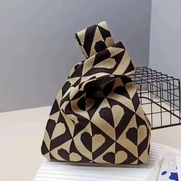 Women'S Knot Wrist Bag Handmade Knitted Bag Portable Mini Striped Tote Bucket Phone Bags Large Capacity Autumn Winter Handbags