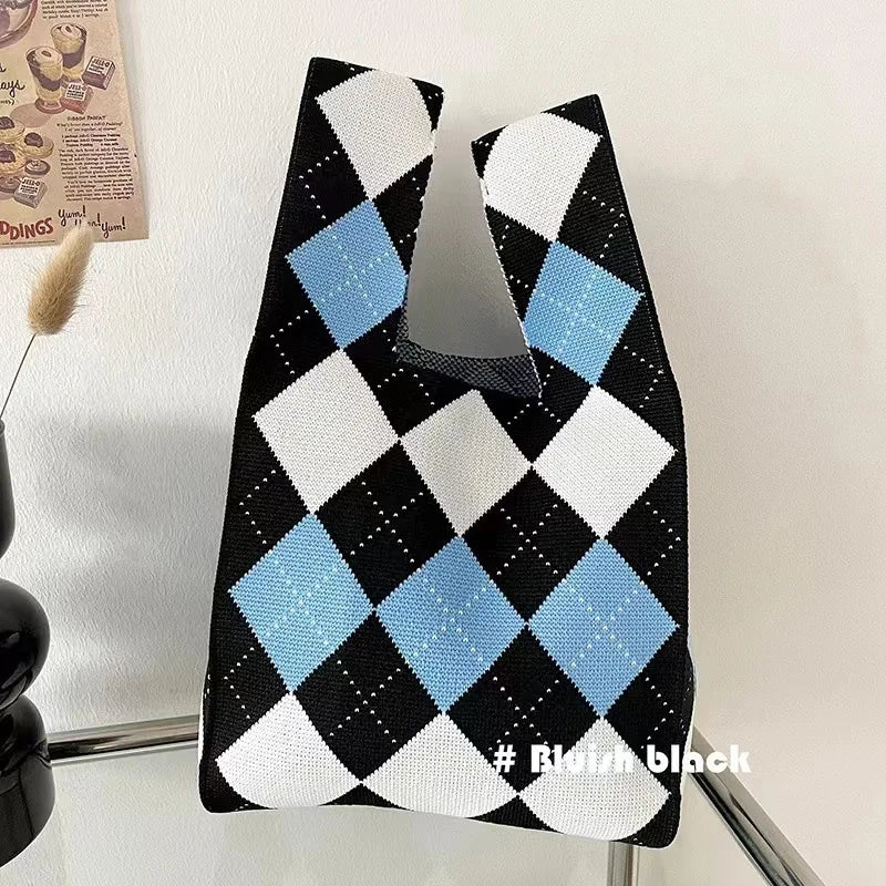 Women'S Knot Wrist Bag Handmade Knitted Bag Portable Mini Striped Tote Bucket Phone Bags Large Capacity Autumn Winter Handbags