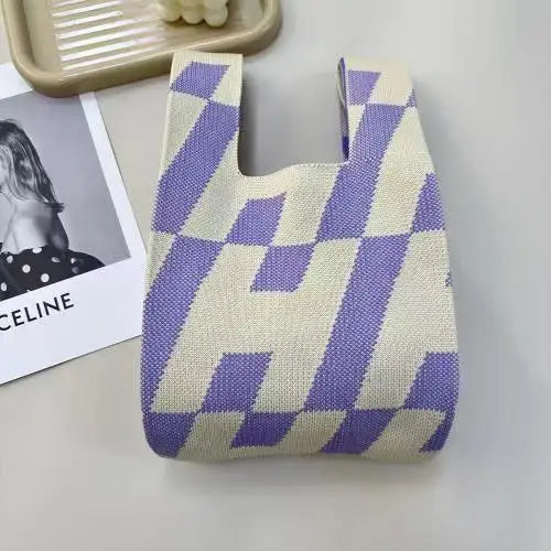 Women'S Knot Wrist Bag Handmade Knitted Bag Portable Mini Striped Tote Bucket Phone Bags Large Capacity Autumn Winter Handbags