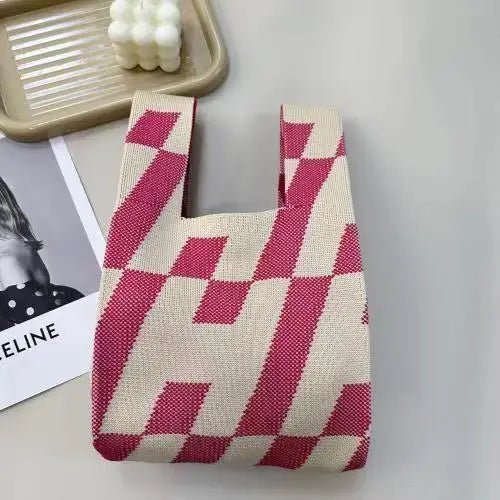 Women'S Knot Wrist Bag Handmade Knitted Bag Portable Mini Striped Tote Bucket Phone Bags Large Capacity Autumn Winter Handbags