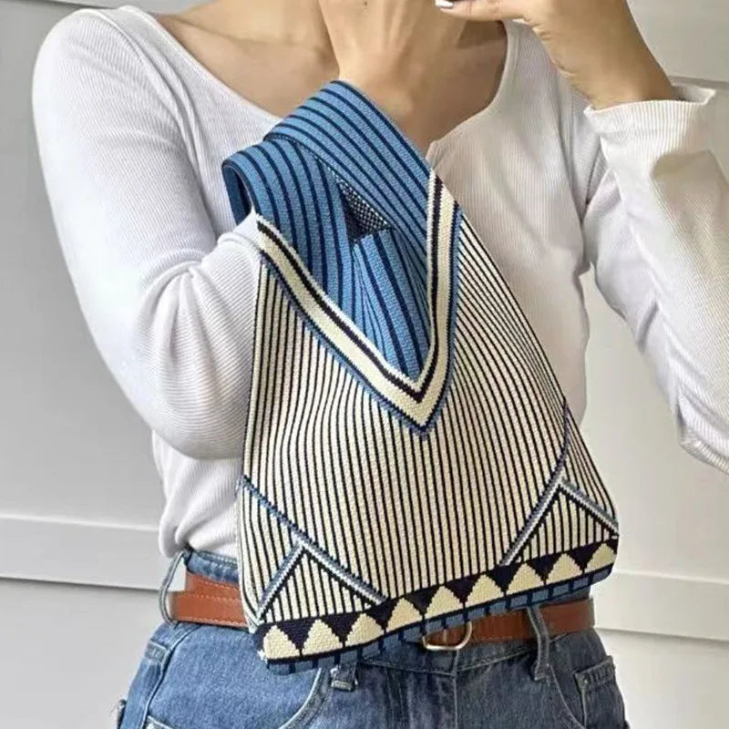 Women'S Knot Wrist Bag Handmade Knitted Bag Portable Mini Striped Tote Bucket Phone Bags Large Capacity Autumn Winter Handbags