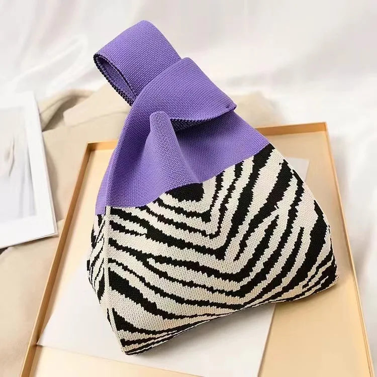 Women'S Knot Wrist Bag Handmade Knitted Bag Portable Mini Striped Tote Bucket Phone Bags Large Capacity Autumn Winter Handbags