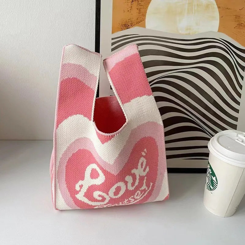 Women'S Knot Wrist Bag Handmade Knitted Bag Portable Mini Striped Tote Bucket Phone Bags Large Capacity Autumn Winter Handbags