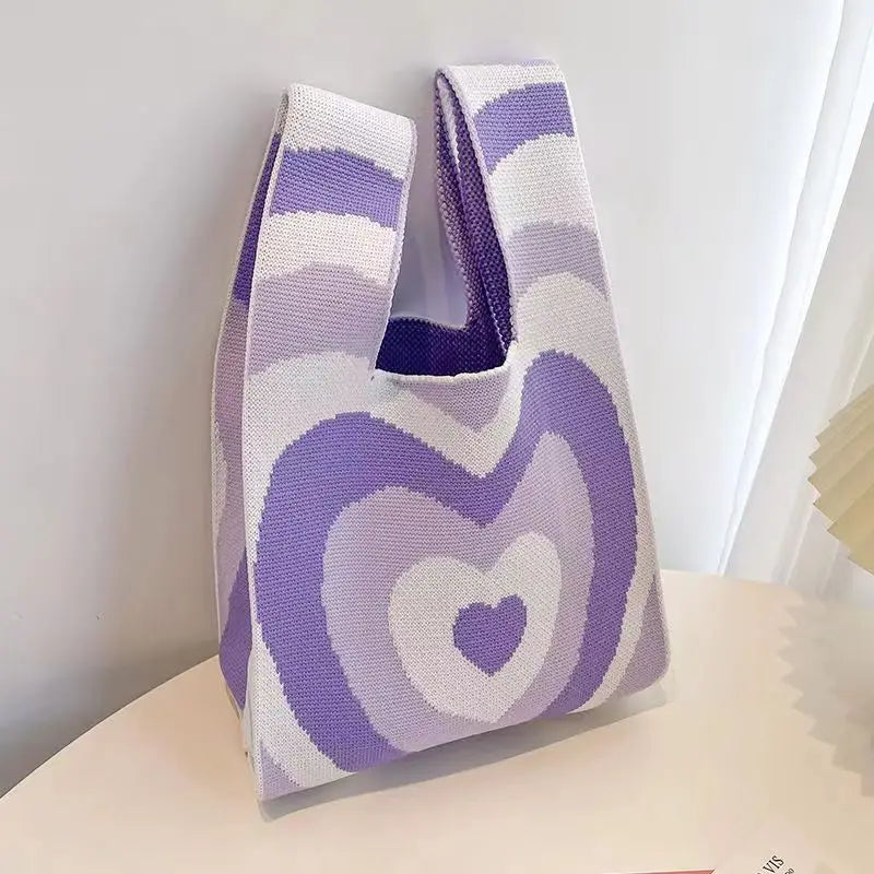 Women'S Knot Wrist Bag Handmade Knitted Bag Portable Mini Striped Tote Bucket Phone Bags Large Capacity Autumn Winter Handbags