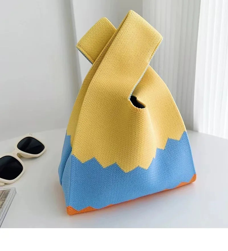 Women'S Knot Wrist Bag Handmade Knitted Bag Portable Mini Striped Tote Bucket Phone Bags Large Capacity Autumn Winter Handbags