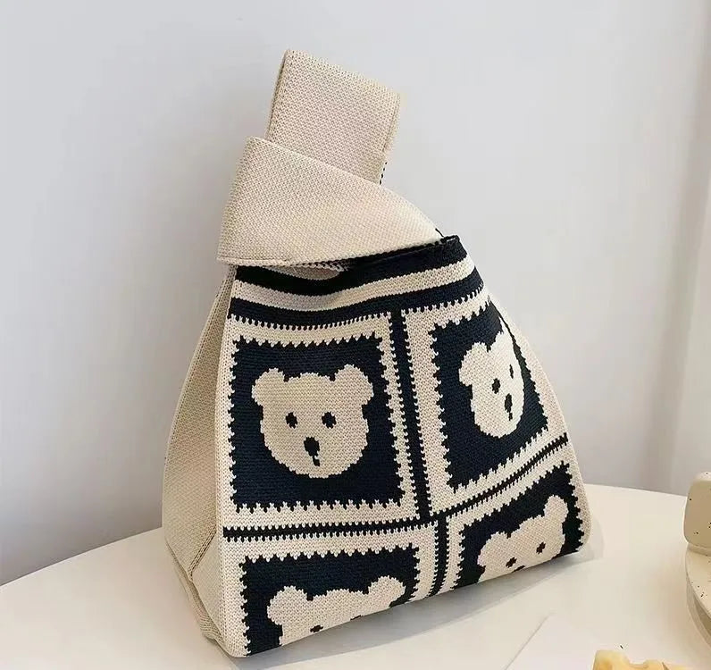 Women'S Knot Wrist Bag Handmade Knitted Bag Portable Mini Striped Tote Bucket Phone Bags Large Capacity Autumn Winter Handbags