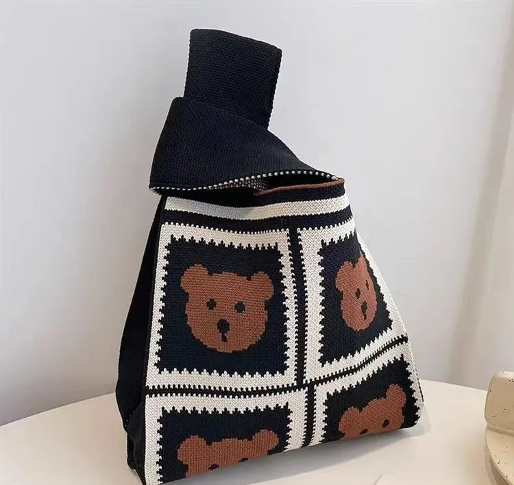 Women'S Knot Wrist Bag Handmade Knitted Bag Portable Mini Striped Tote Bucket Phone Bags Large Capacity Autumn Winter Handbags