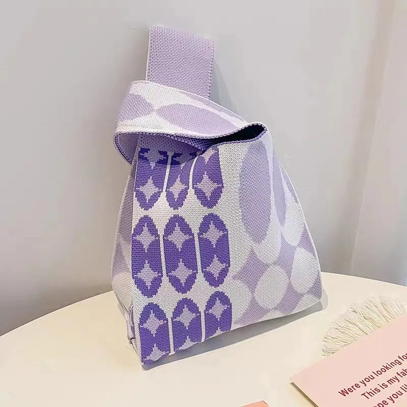 Women'S Knot Wrist Bag Handmade Knitted Bag Portable Mini Striped Tote Bucket Phone Bags Large Capacity Autumn Winter Handbags