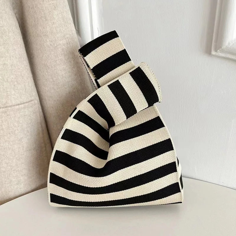 Women'S Knot Wrist Bag Handmade Knitted Bag Portable Mini Striped Tote Bucket Phone Bags Large Capacity Autumn Winter Handbags