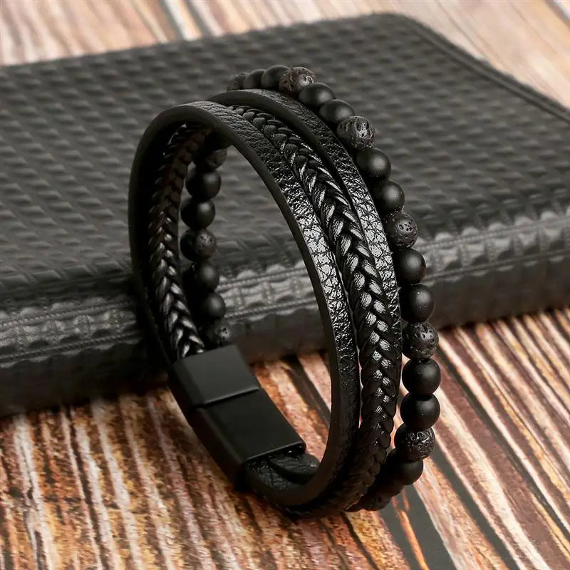 Classic Men's Leather Bracelet New Style Hand-woven Multi-layer CombinName: Alloy buckle leather bracelet
Material: leather, alloy
Process: frosted magnetic buckle
Color: Steel/Gold/Black
Size: 19/21/23
Packaging specification: 1 pieceClassic Men'
