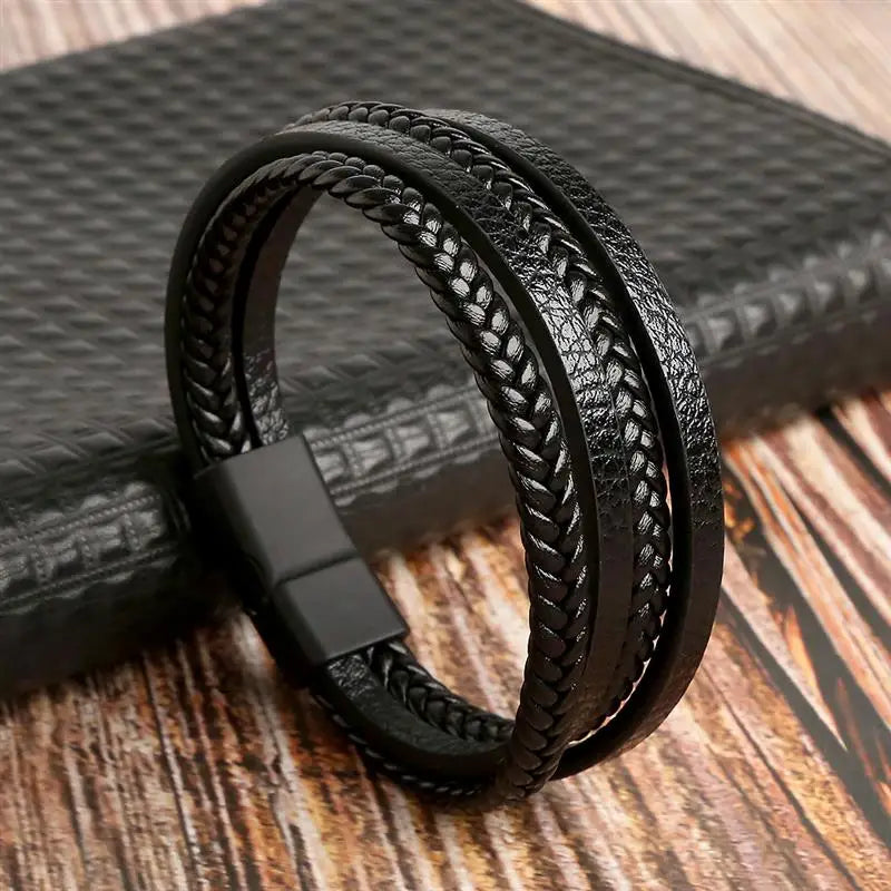 Classic Men's Leather Bracelet New Style Hand-woven Multi-layer CombinName: Alloy buckle leather bracelet
Material: leather, alloy
Process: frosted magnetic buckle
Color: Steel/Gold/Black
Size: 19/21/23
Packaging specification: 1 pieceClassic Men'