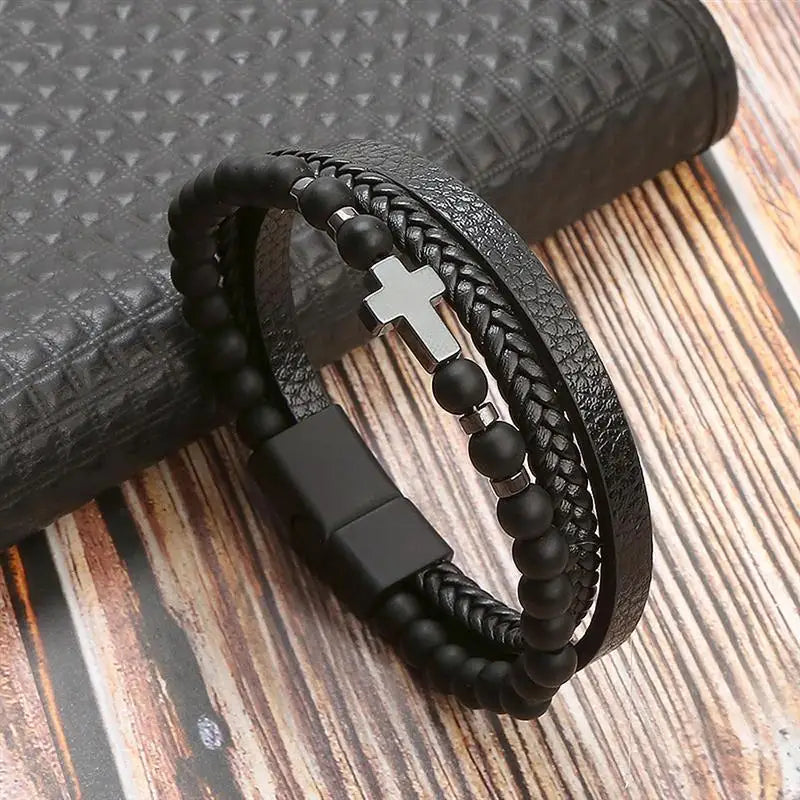 Classic Men's Leather Bracelet New Style Hand-woven Multi-layer CombinName: Alloy buckle leather bracelet
Material: leather, alloy
Process: frosted magnetic buckle
Color: Steel/Gold/Black
Size: 19/21/23
Packaging specification: 1 pieceClassic Men'