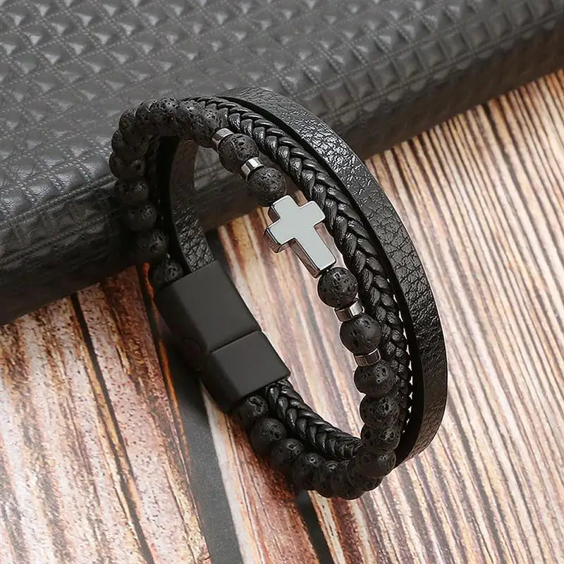 Classic Men's Leather Bracelet New Style Hand-woven Multi-layer CombinName: Alloy buckle leather bracelet
Material: leather, alloy
Process: frosted magnetic buckle
Color: Steel/Gold/Black
Size: 19/21/23
Packaging specification: 1 pieceClassic Men'