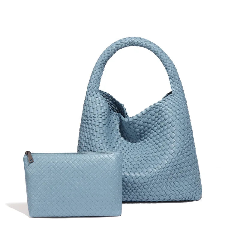 2024 Women Bag Luxury PU Leather Handbag Lady Fashion Handmade Knitting Tote Female Hand-woven Basket Shoulder Bag with Purse