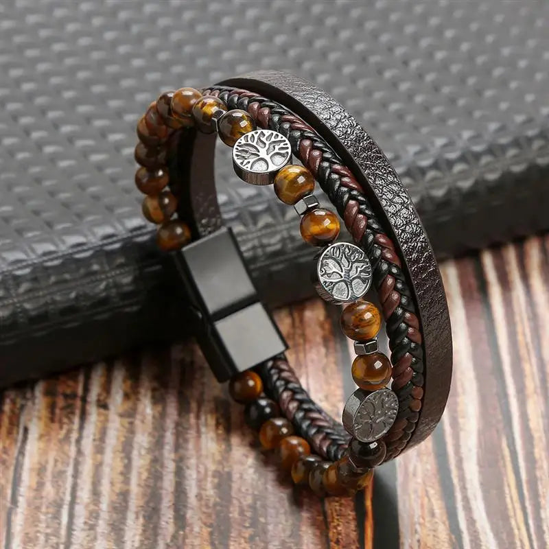Classic Men's Leather Bracelet New Style Hand-woven Multi-layer CombinName: Alloy buckle leather bracelet
Material: leather, alloy
Process: frosted magnetic buckle
Color: Steel/Gold/Black
Size: 19/21/23
Packaging specification: 1 pieceClassic Men'
