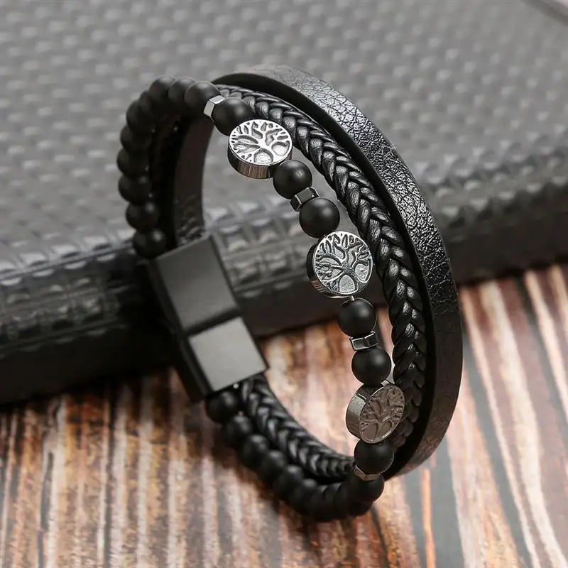 Classic Men's Leather Bracelet New Style Hand-woven Multi-layer CombinName: Alloy buckle leather bracelet
Material: leather, alloy
Process: frosted magnetic buckle
Color: Steel/Gold/Black
Size: 19/21/23
Packaging specification: 1 pieceClassic Men'
