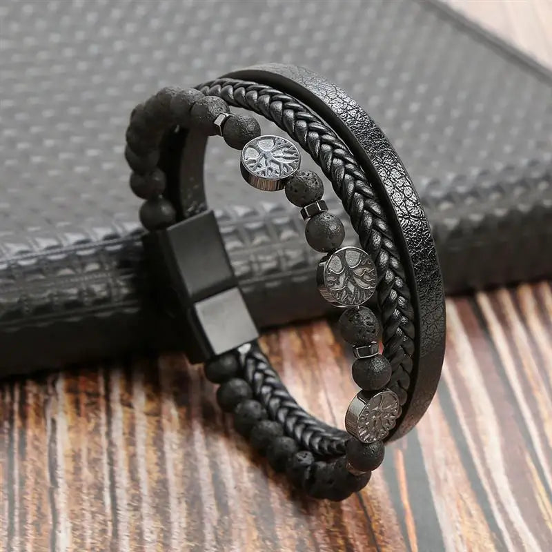 Classic Men's Leather Bracelet New Style Hand-woven Multi-layer CombinName: Alloy buckle leather bracelet
Material: leather, alloy
Process: frosted magnetic buckle
Color: Steel/Gold/Black
Size: 19/21/23
Packaging specification: 1 pieceClassic Men'