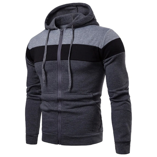 Men's hooded zipper sports top with fleece insulation and splicing color design.