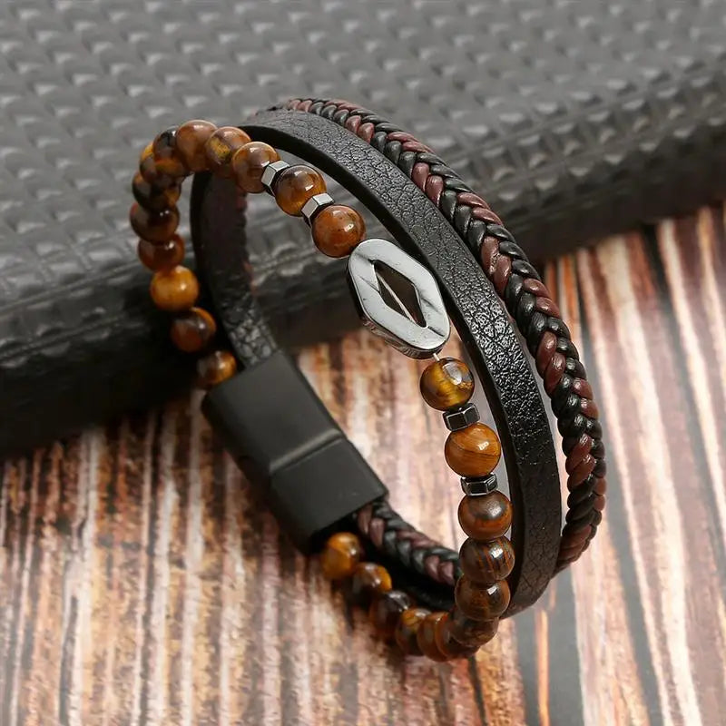 Classic Men's Leather Bracelet New Style Hand-woven Multi-layer CombinName: Alloy buckle leather bracelet
Material: leather, alloy
Process: frosted magnetic buckle
Color: Steel/Gold/Black
Size: 19/21/23
Packaging specification: 1 pieceClassic Men'