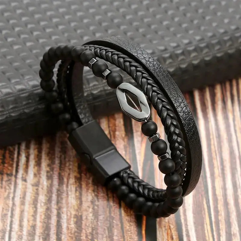 Classic Men's Leather Bracelet New Style Hand-woven Multi-layer CombinName: Alloy buckle leather bracelet
Material: leather, alloy
Process: frosted magnetic buckle
Color: Steel/Gold/Black
Size: 19/21/23
Packaging specification: 1 pieceClassic Men'