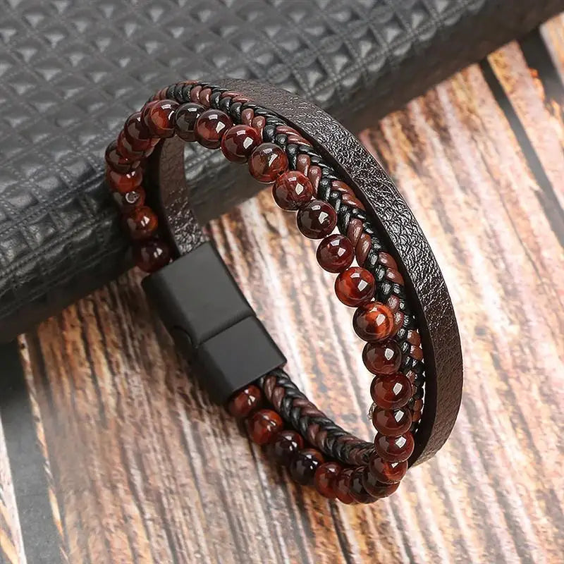 Classic Men's Leather Bracelet New Style Hand-woven Multi-layer CombinName: Alloy buckle leather bracelet
Material: leather, alloy
Process: frosted magnetic buckle
Color: Steel/Gold/Black
Size: 19/21/23
Packaging specification: 1 pieceClassic Men'
