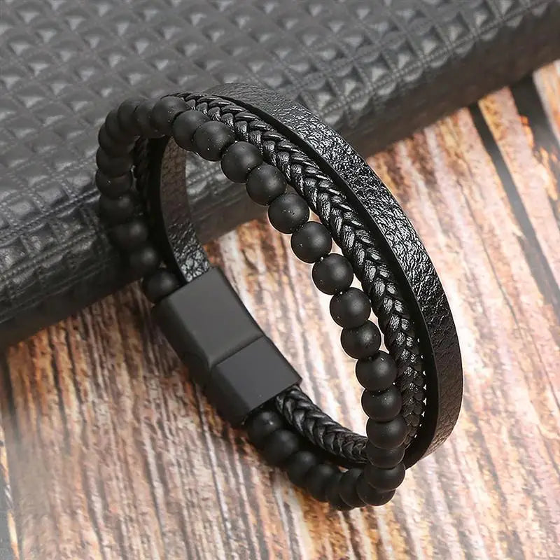 Classic Men's Leather Bracelet New Style Hand-woven Multi-layer CombinName: Alloy buckle leather bracelet
Material: leather, alloy
Process: frosted magnetic buckle
Color: Steel/Gold/Black
Size: 19/21/23
Packaging specification: 1 pieceClassic Men'
