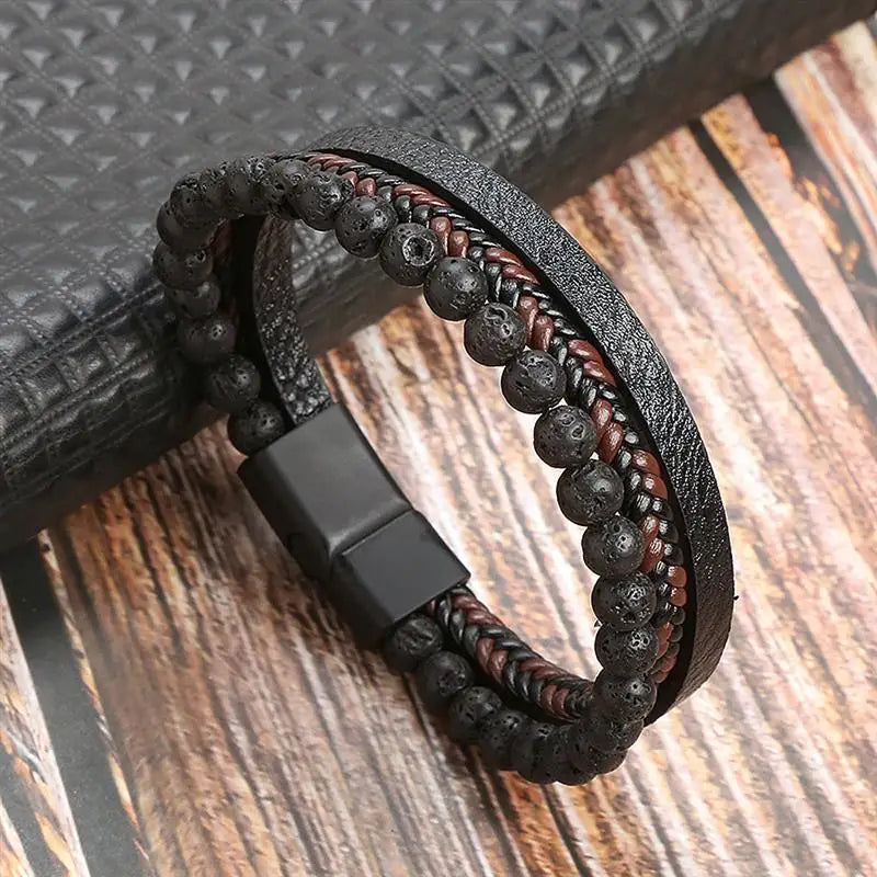 Classic Men's Leather Bracelet New Style Hand-woven Multi-layer CombinName: Alloy buckle leather bracelet
Material: leather, alloy
Process: frosted magnetic buckle
Color: Steel/Gold/Black
Size: 19/21/23
Packaging specification: 1 pieceClassic Men'