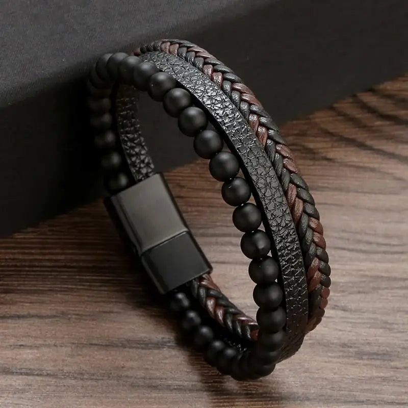 Classic Men's Leather Bracelet New Style Hand-woven Multi-layer CombinName: Alloy buckle leather bracelet
Material: leather, alloy
Process: frosted magnetic buckle
Color: Steel/Gold/Black
Size: 19/21/23
Packaging specification: 1 pieceClassic Men'