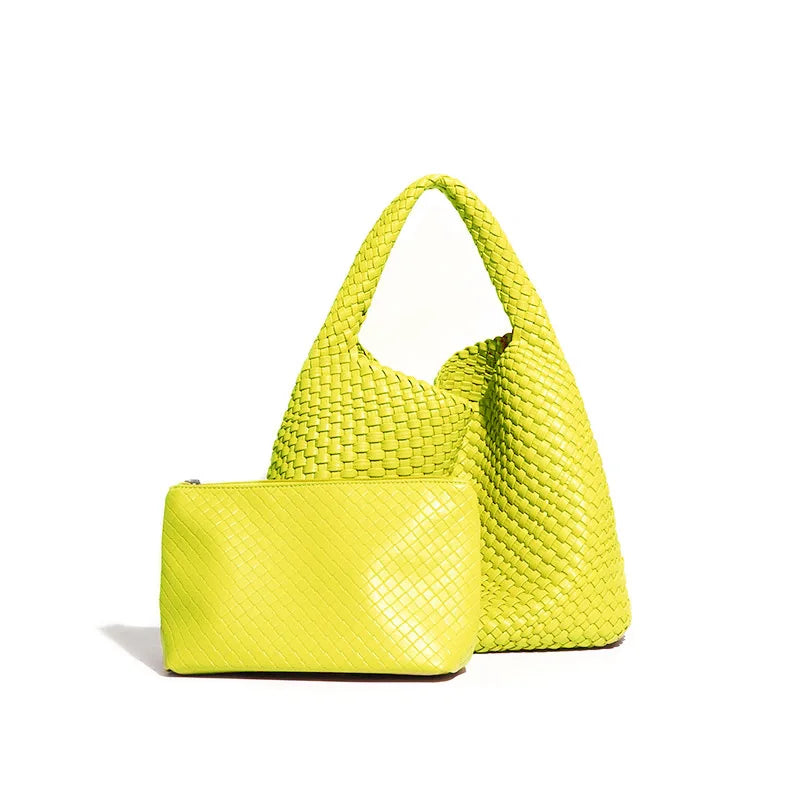 2024 Women Bag Luxury PU Leather Handbag Lady Fashion Handmade Knitting Tote Female Hand-woven Basket Shoulder Bag with Purse
