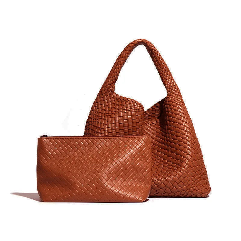 2024 Women Bag Luxury PU Leather Handbag Lady Fashion Handmade Knitting Tote Female Hand-woven Basket Shoulder Bag with Purse