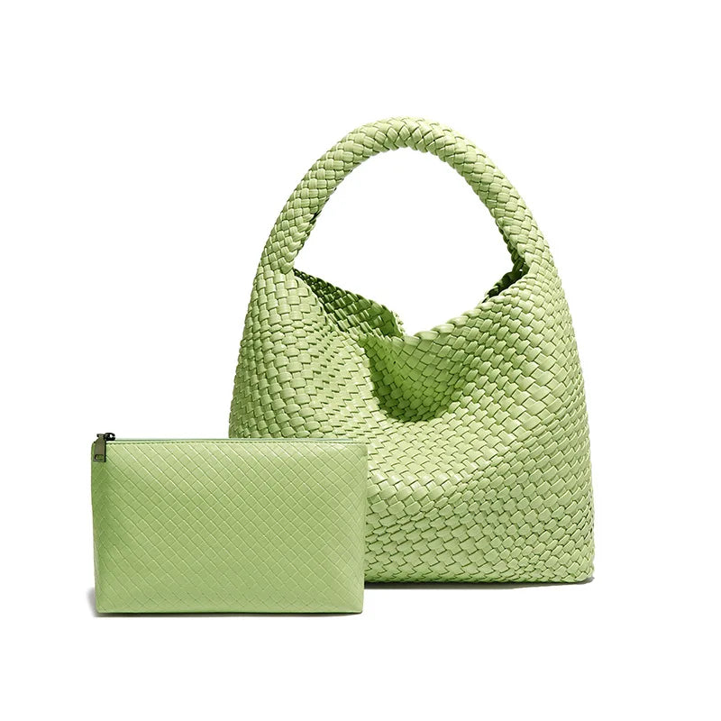 2024 Women Bag Luxury PU Leather Handbag Lady Fashion Handmade Knitting Tote Female Hand-woven Basket Shoulder Bag with Purse