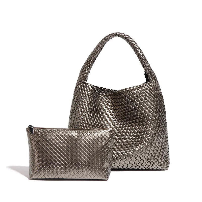 2024 Women Bag Luxury PU Leather Handbag Lady Fashion Handmade Knitting Tote Female Hand-woven Basket Shoulder Bag with Purse