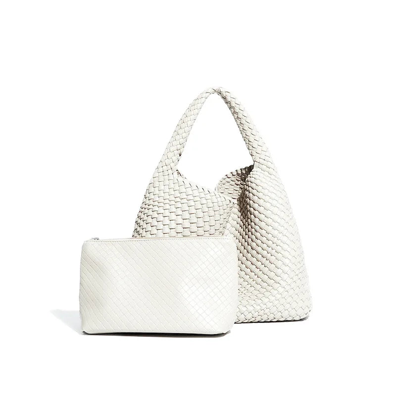 2024 Women Bag Luxury PU Leather Handbag Lady Fashion Handmade Knitting Tote Female Hand-woven Basket Shoulder Bag with Purse