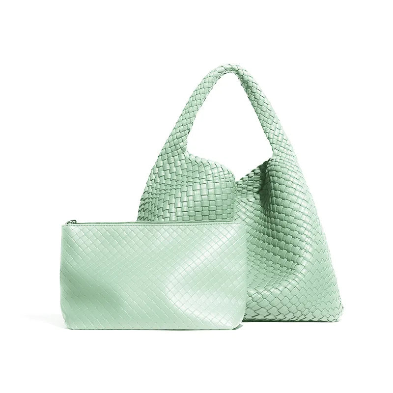 2024 Women Bag Luxury PU Leather Handbag Lady Fashion Handmade Knitting Tote Female Hand-woven Basket Shoulder Bag with Purse