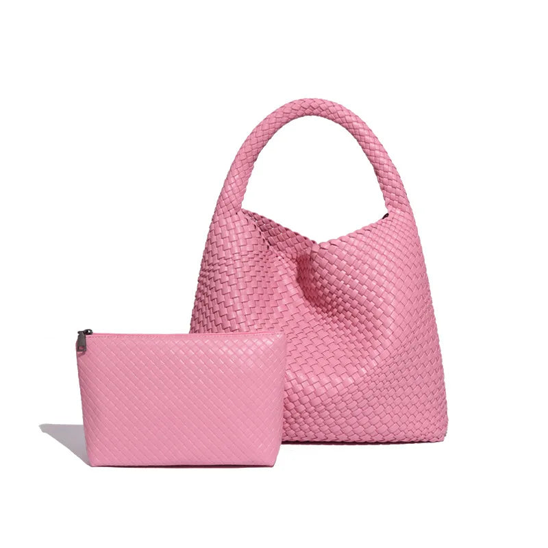2024 Women Bag Luxury PU Leather Handbag Lady Fashion Handmade Knitting Tote Female Hand-woven Basket Shoulder Bag with Purse