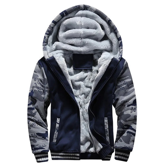 Men's camouflage fleece jacket with hood, long sleeves, and thick design for winter warmth.