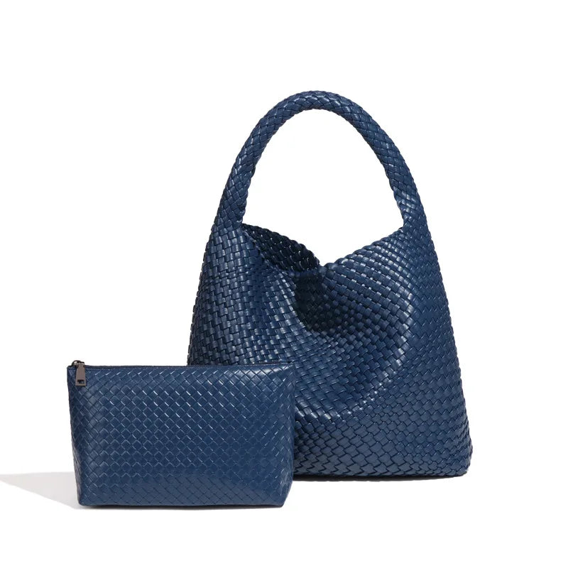 2024 Women Bag Luxury PU Leather Handbag Lady Fashion Handmade Knitting Tote Female Hand-woven Basket Shoulder Bag with Purse