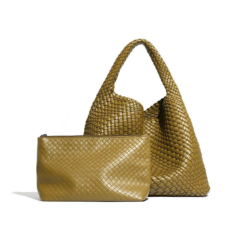2024 Women Bag Luxury PU Leather Handbag Lady Fashion Handmade Knitting Tote Female Hand-woven Basket Shoulder Bag with Purse