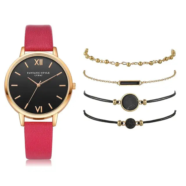 5pcs Set Top Style Fashion Women's Luxury Leather Band Analog Quartz WCase Shape: Round
Dial Window Material Type: Glass
Boxes & Cases Material: No package
Dial Diameter: 38mm
Case Thickness: 8mm
Band Length: 24cm
Band Width: 15mm
HomeLuxury Leather Band Analog Quartz WristWatch Ladies Watch Women Dress Reloj Mujer Black Clock
