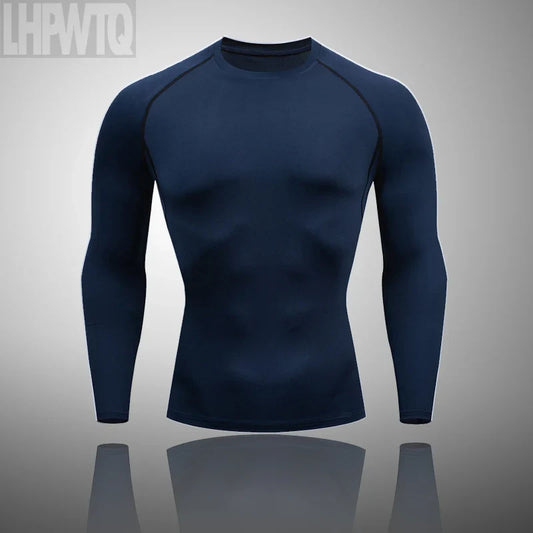 Men's winter thermal compression tracksuit top, quick-dry sportswear in dark blue.