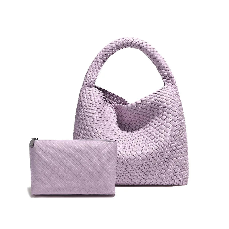 2024 Women Bag Luxury PU Leather Handbag Lady Fashion Handmade Knitting Tote Female Hand-woven Basket Shoulder Bag with Purse